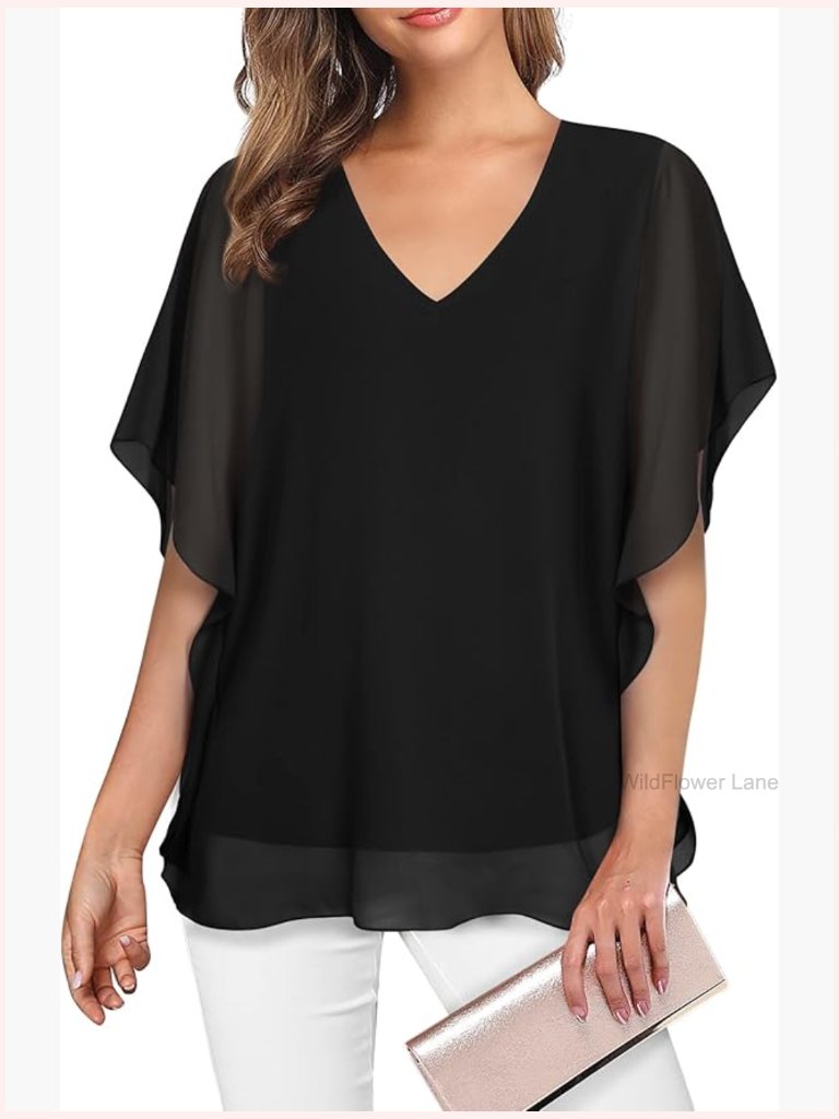 V-Neck Flutter Sleeve Double-Layered Chiffon Blouse Tunic Top
